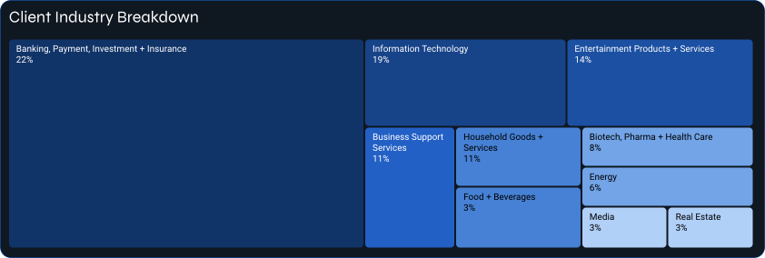 Client industry breakdown graph, highlighting major sectors like banking and IT