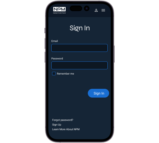 Nasdaq Private Market login screen on a mobile device, email and password fields