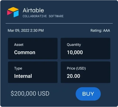 Airtable private market buy order: internal purchase of 10,000 common shares at $20 USD per share, total value $200,000 USD, March 2022