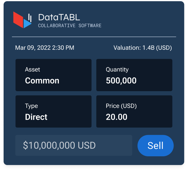 Investment sale form for DataTABL software showing transaction details, Nasdaq Private Market