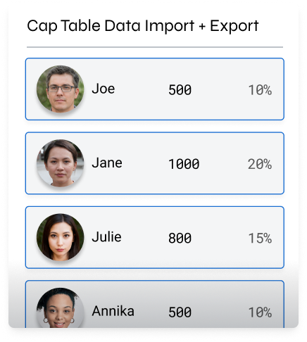 Cap table with team members Joe, Jane, Julie, and Annika showcasing their respective share distributions