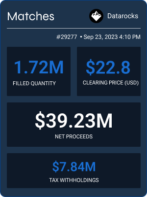 Dark blue-themed match data with filled quantity and net proceeds in private market
