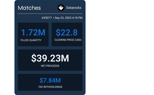 Private stock transaction statistics in dark layout, net proceeds prominently displayed